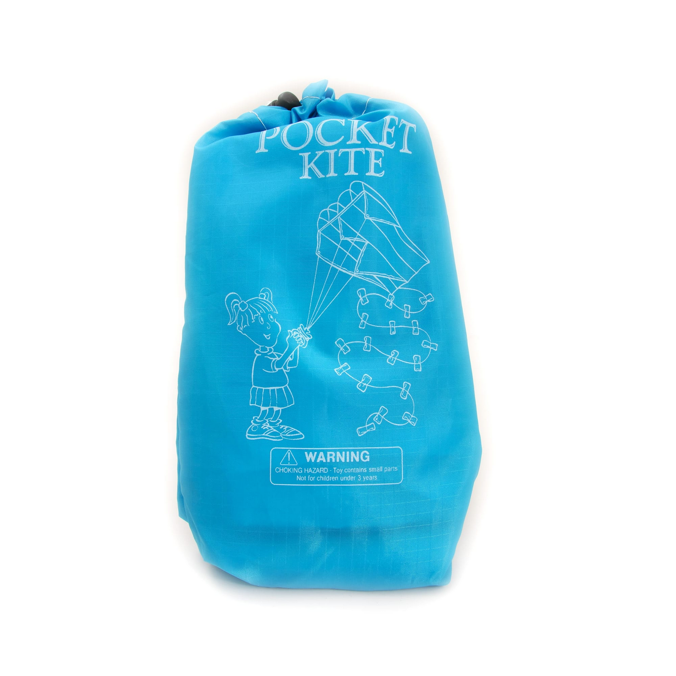 Blue pocket kite packaging with a cartoon illustration on a white background