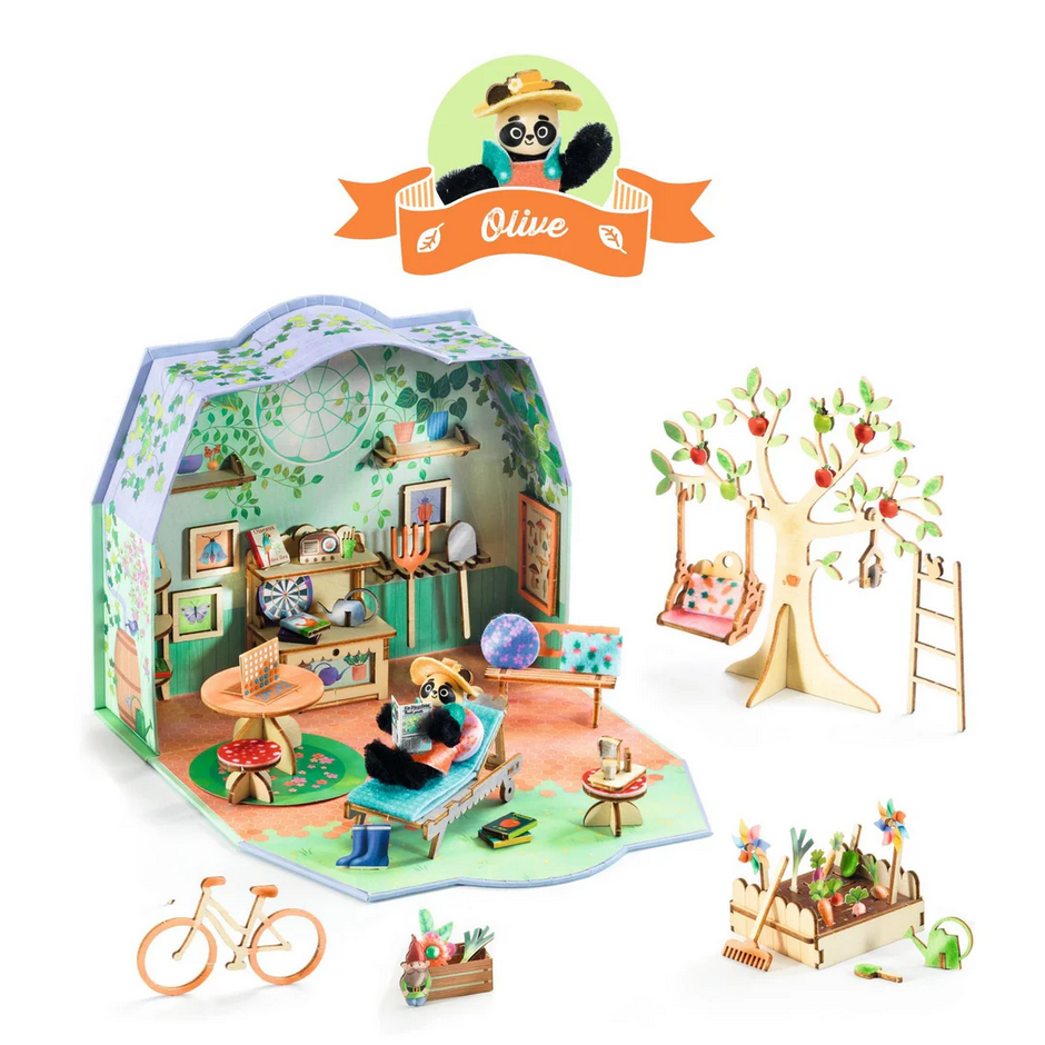 Toy house set with furniture and accessories on a white background