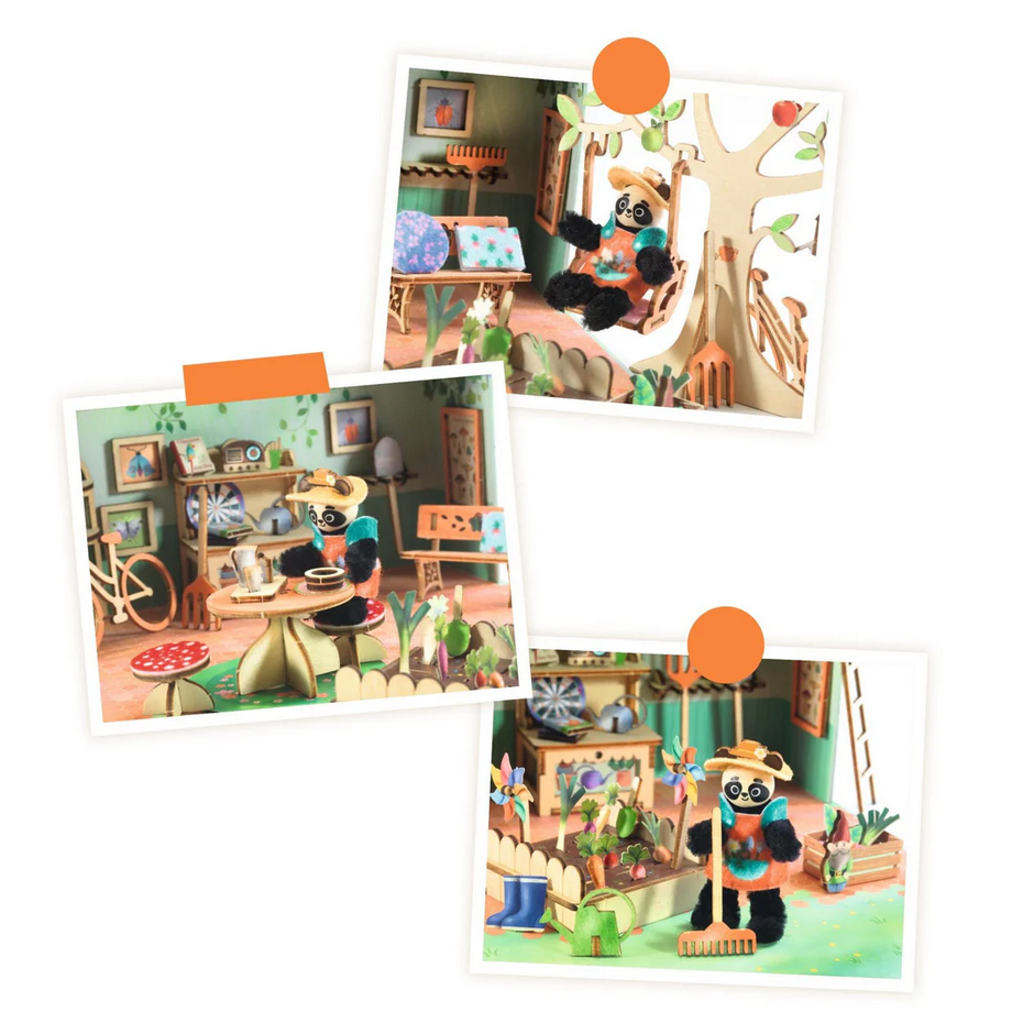 Set of illustrated cards featuring a panda in various activities with colorful backgrounds.