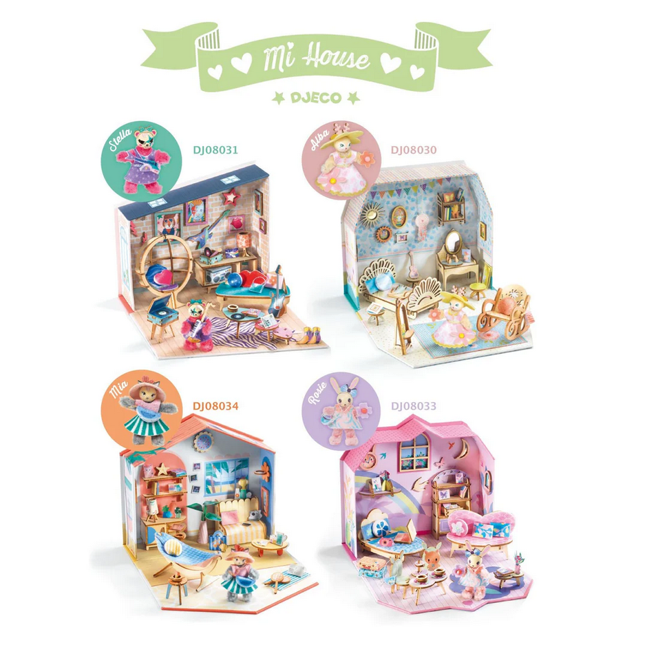 Miniature dollhouse sets with detailed interiors and DJECO branding on a white background.