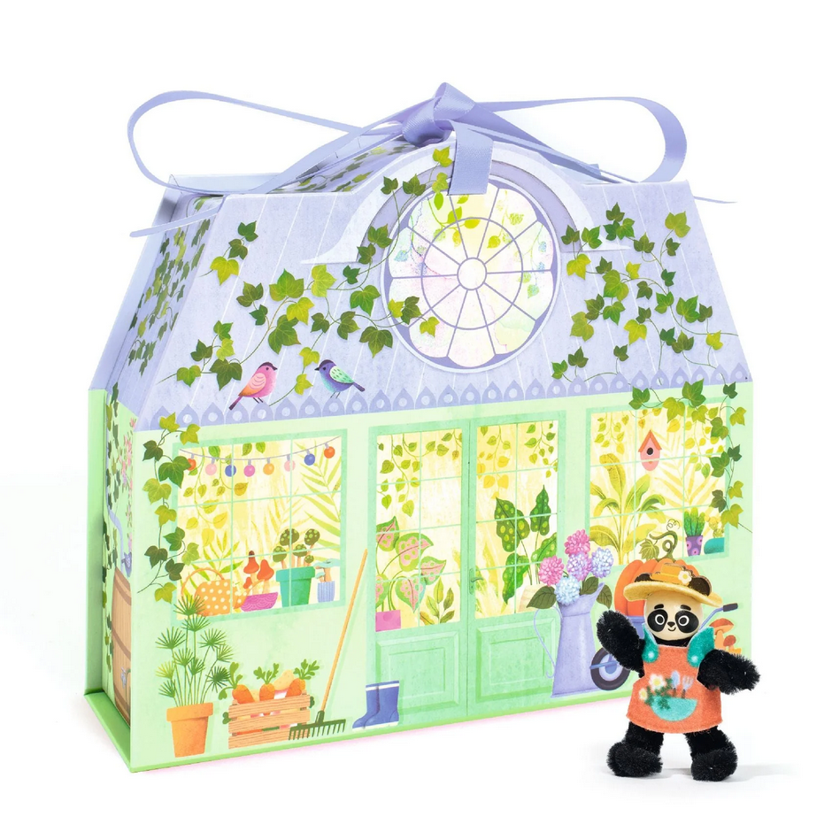 Toy greenhouse with a panda character in front on a white background