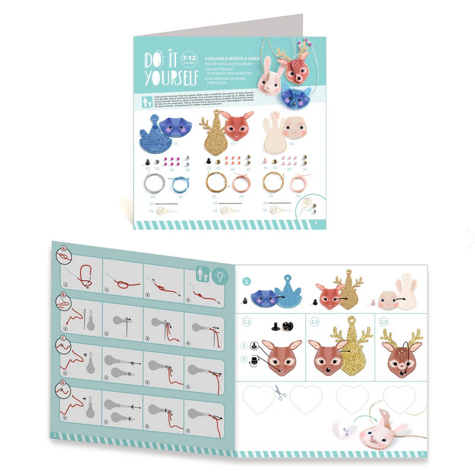 Children's craft kit with animal-themed templates and instructions on a white background