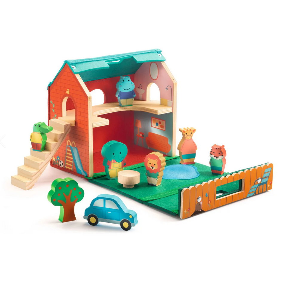 Children's toy set with a playhouse, animals, and a car on a white background