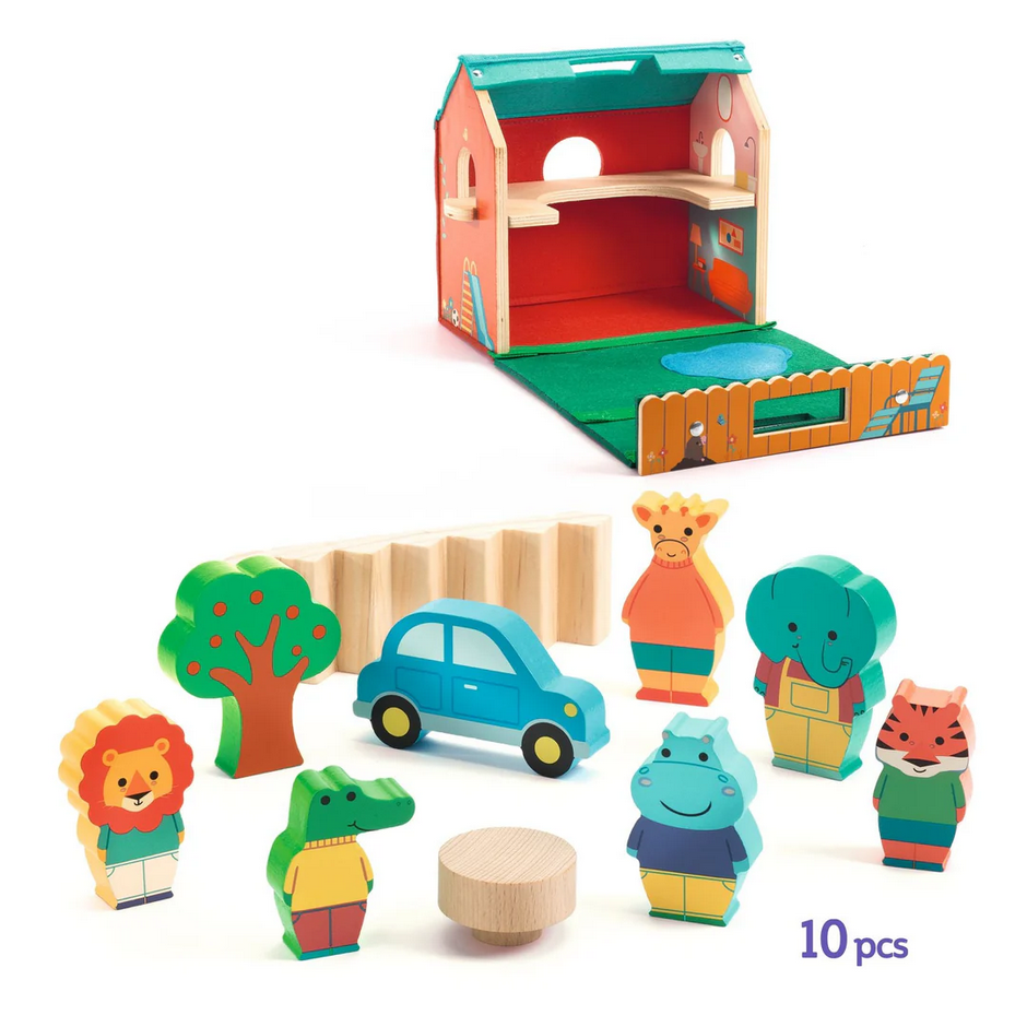 Set of colorful wooden toys including a playhouse, cars, and animal figures on a white background.