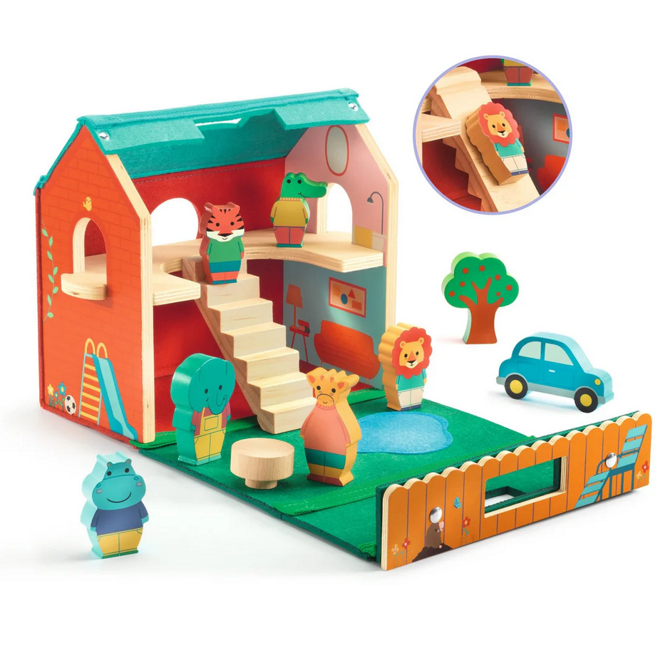 Colorful wooden toy set with animals and a car on a white background