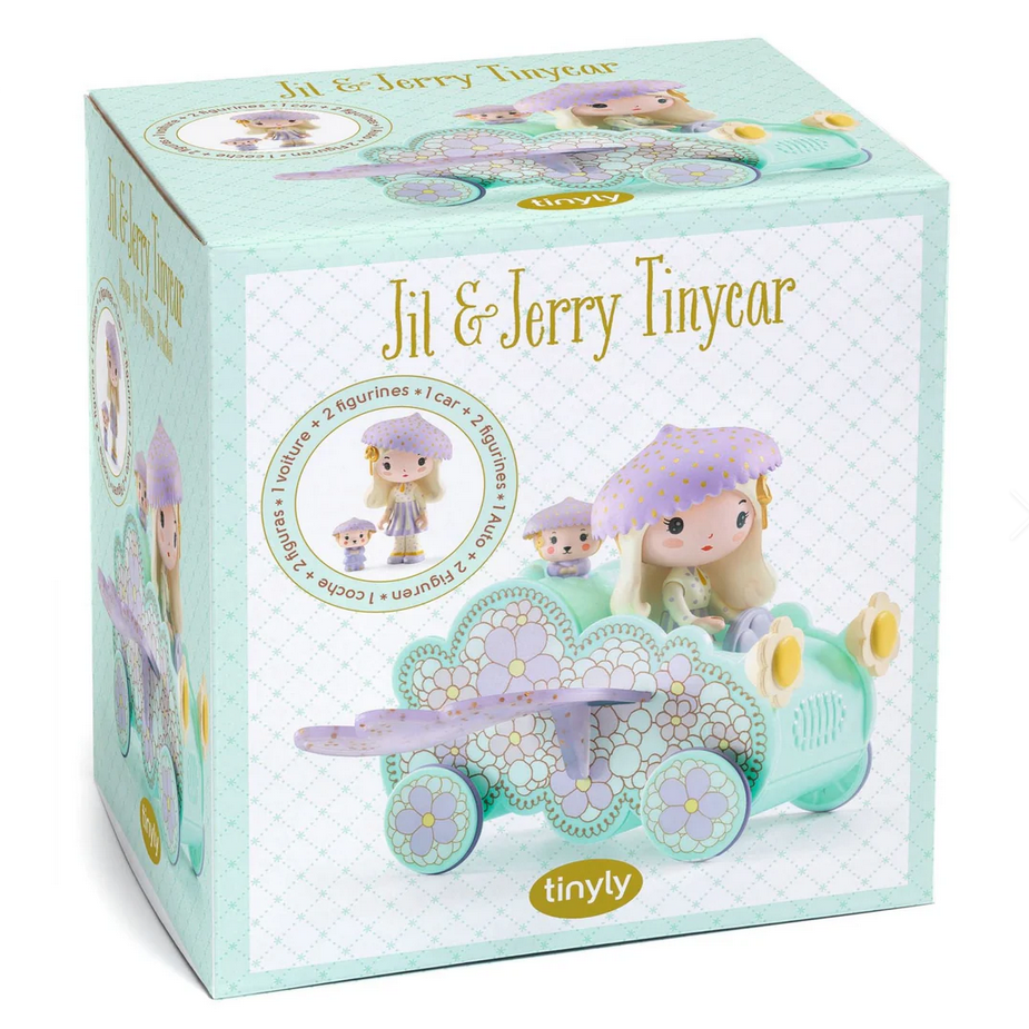 Box packaging of Jil & Jerry Tinycar toy set with characters and design elements.