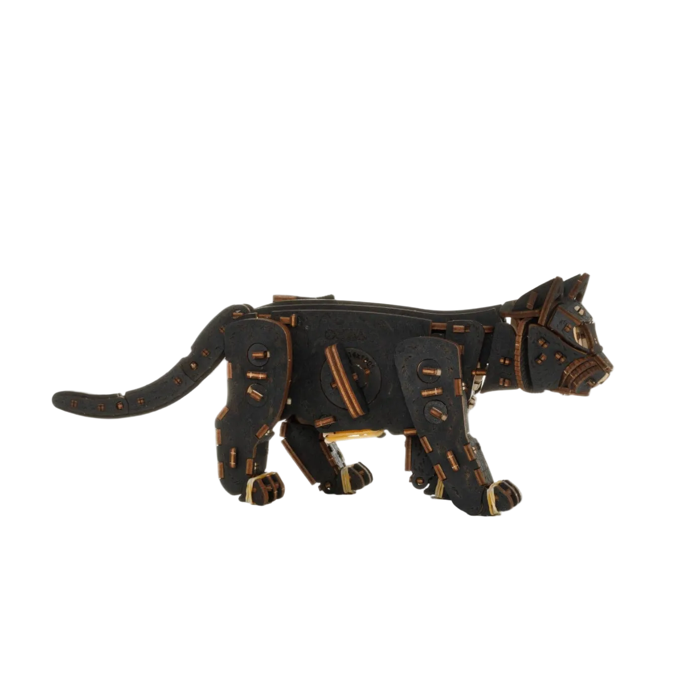 Black cat figurine with wood accents on a white background