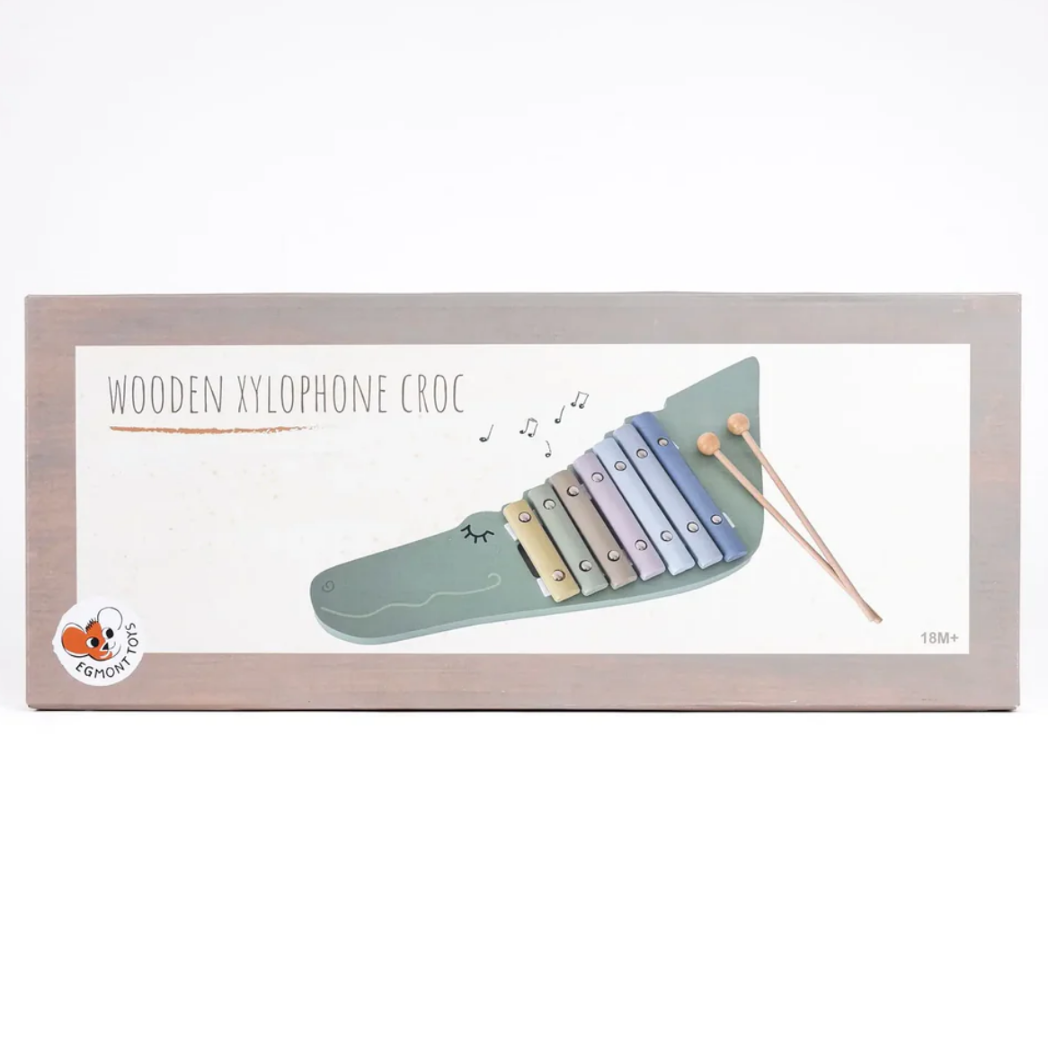 Wooden xylophone croc toy with two wooden sticks on a white background, framed by EGM brand.