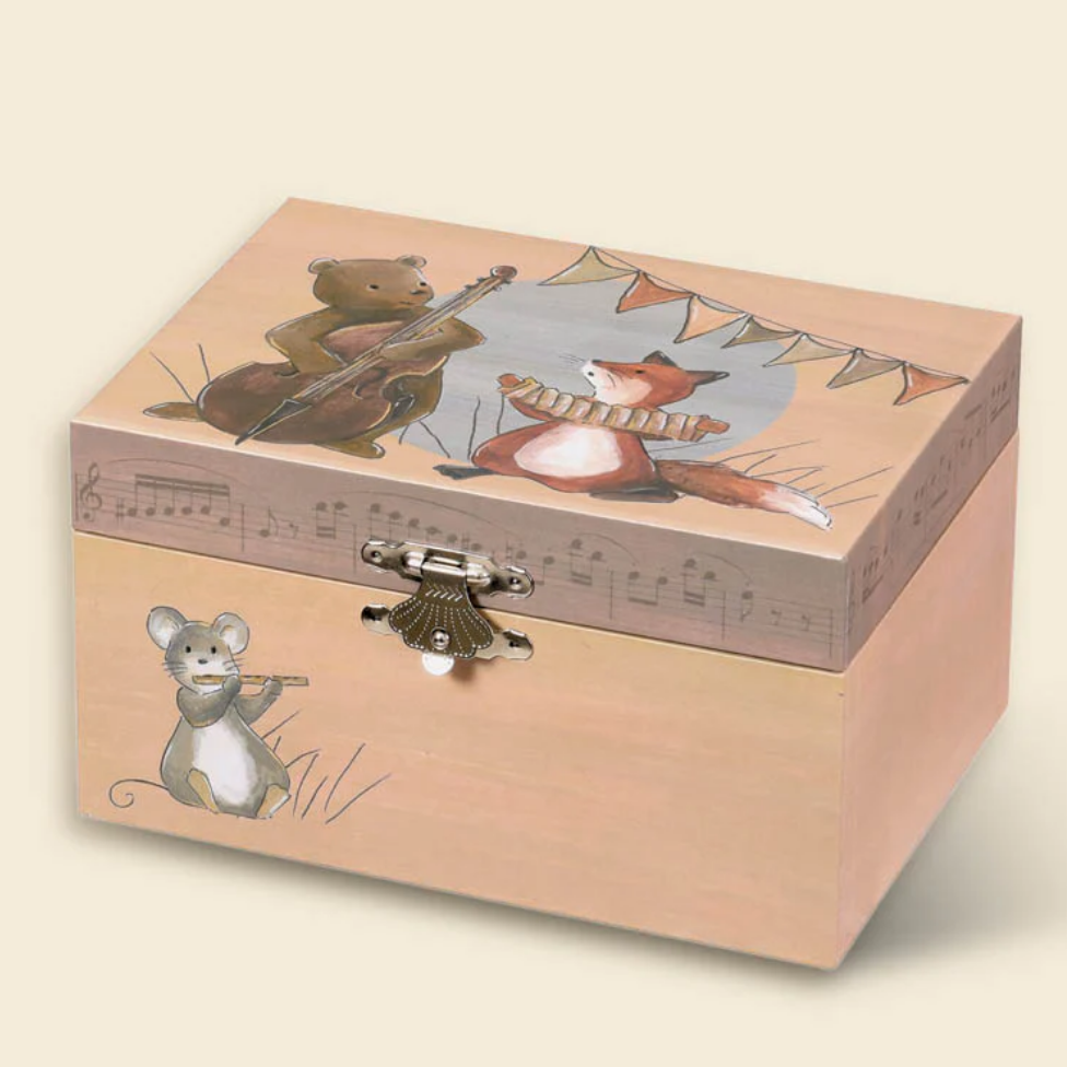 Wooden jewelry box with animal illustrations on a beige background