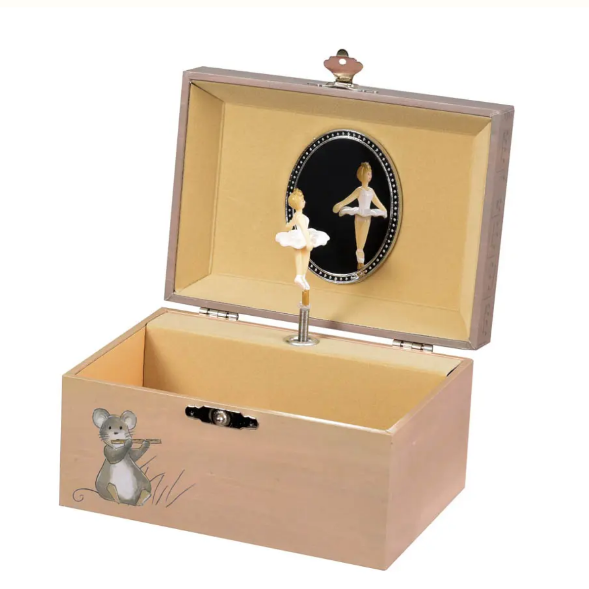 Wooden music box with ballerina design on a white background