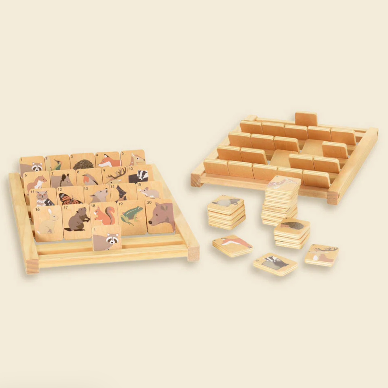 Wooden educational puzzle set on a beige background