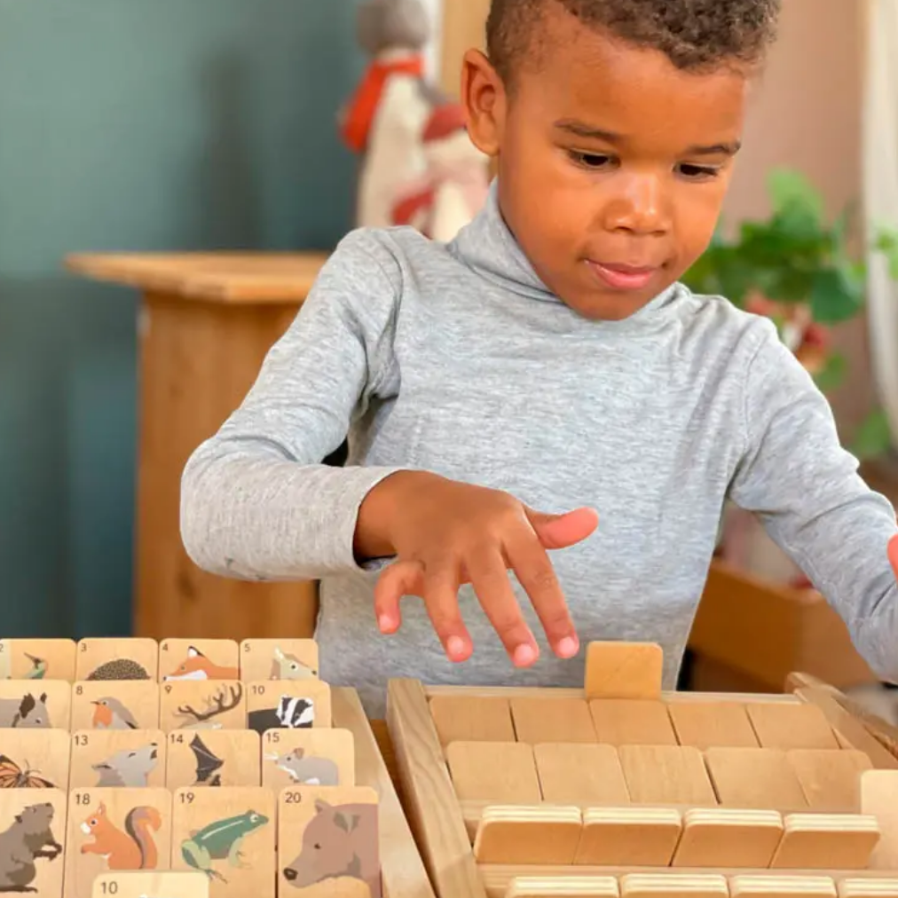 Child playing with wooden blocks and animal figures in a classroom setting