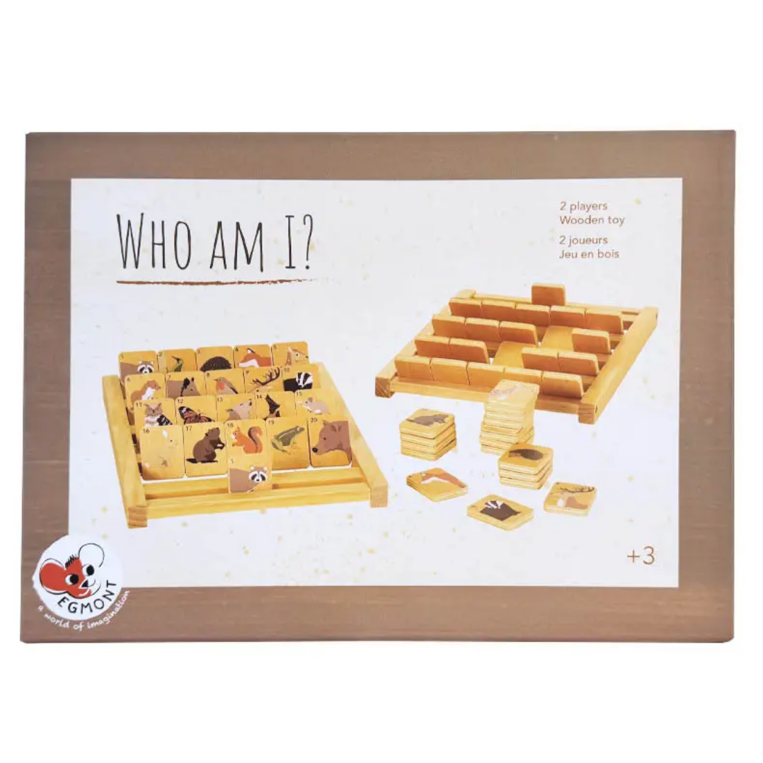 Wooden puzzle game set with 'WHO AM I?' text on a white background