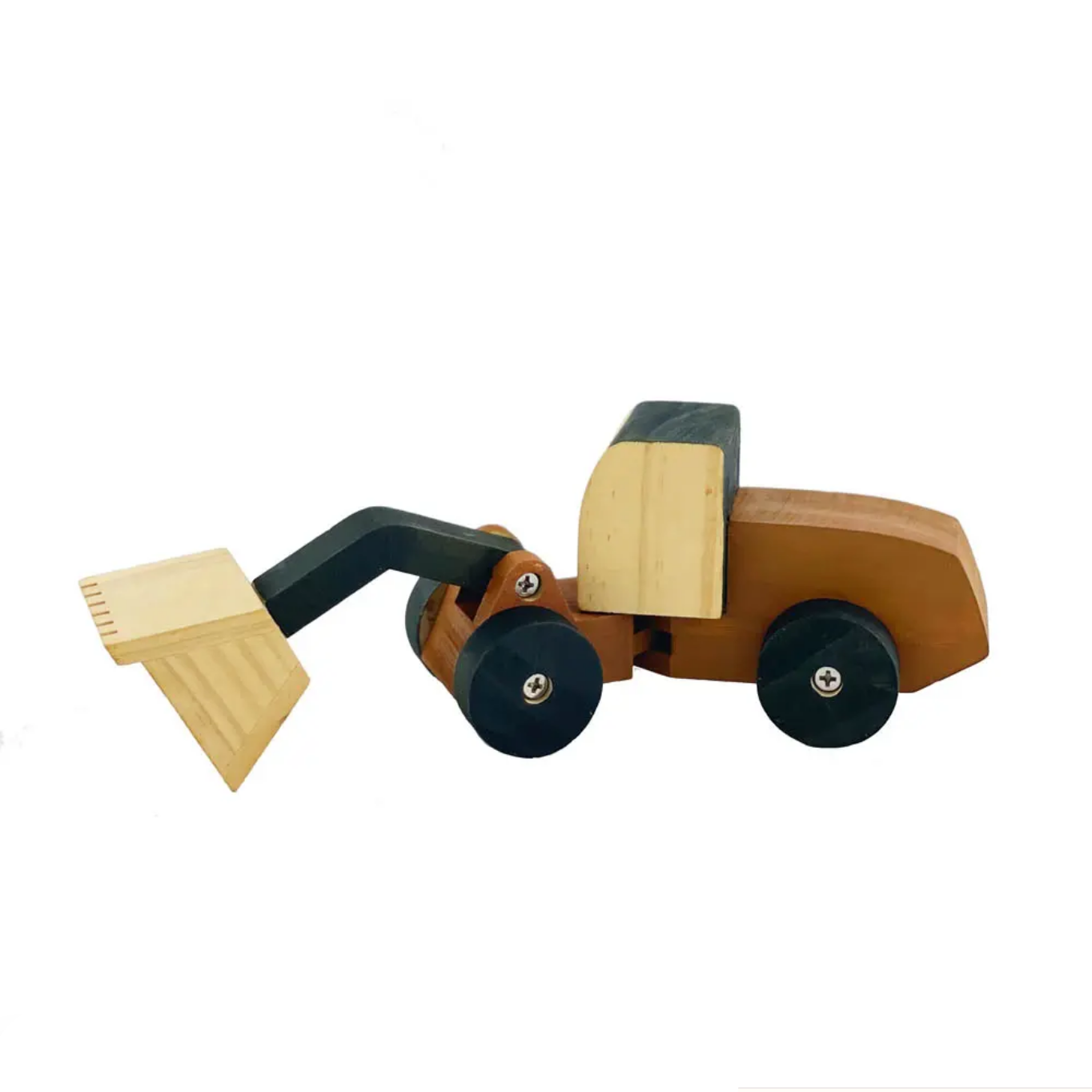 Wooden toy bulldozer on a white background