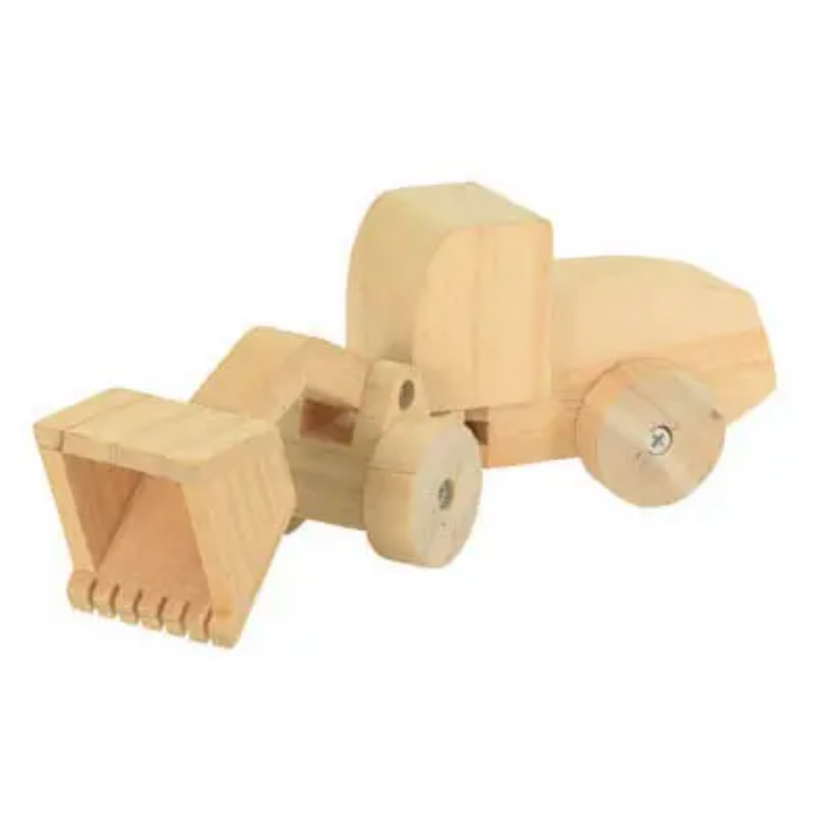 Wooden toy bulldozer on a white background