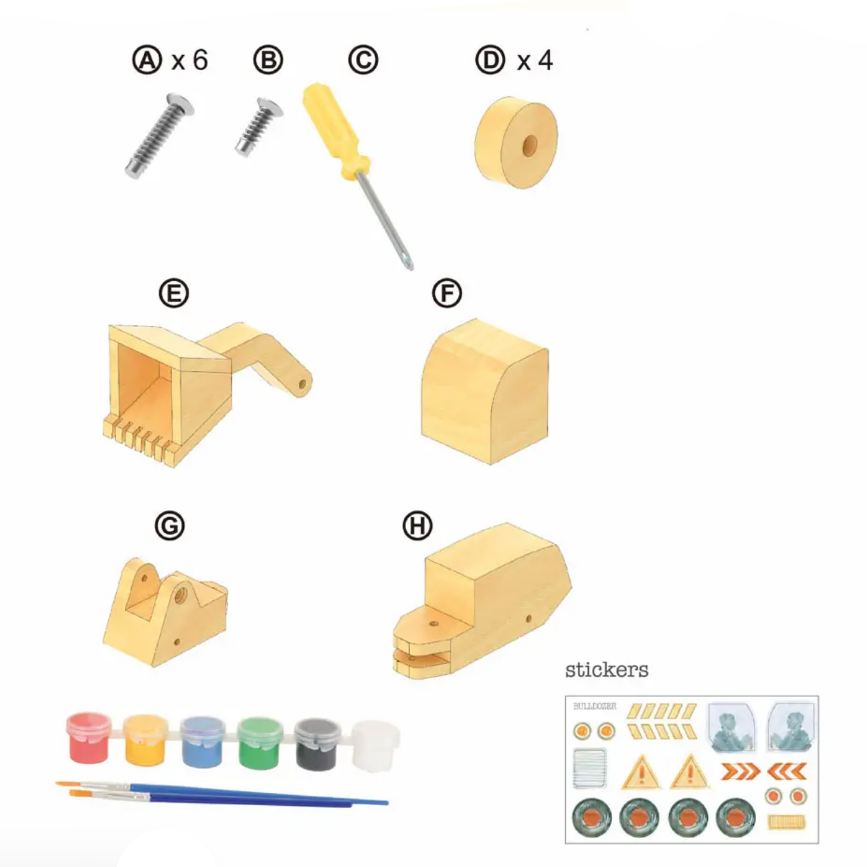 Set of wooden toy parts and tools on a white background
