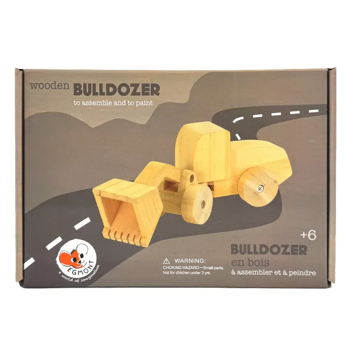 Wooden bulldozer toy packaging on a white background