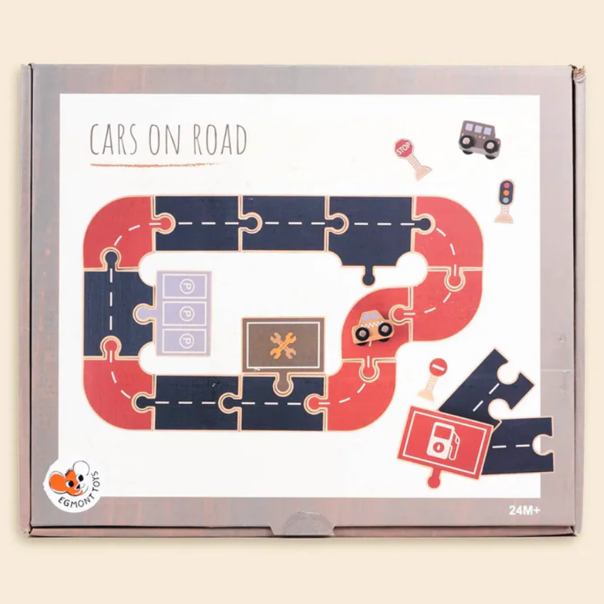 Framed children's puzzle with 'Cars on Road' design on a beige background