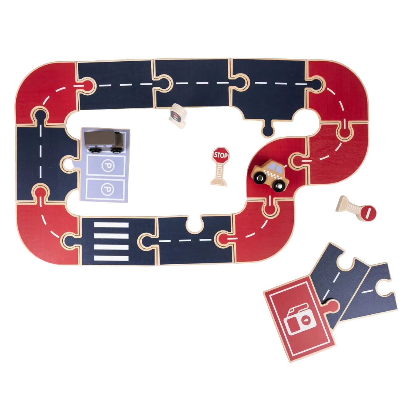 Wooden puzzle with a race track design on a white background