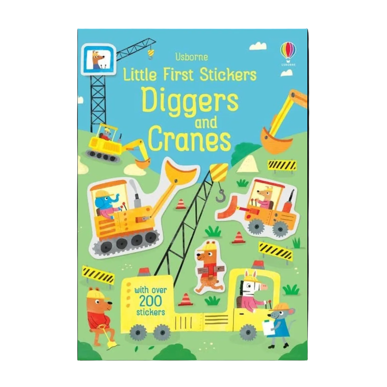 Book cover of 'Little First Stickers Diggers and Cranes' with construction vehicles on a green background.
