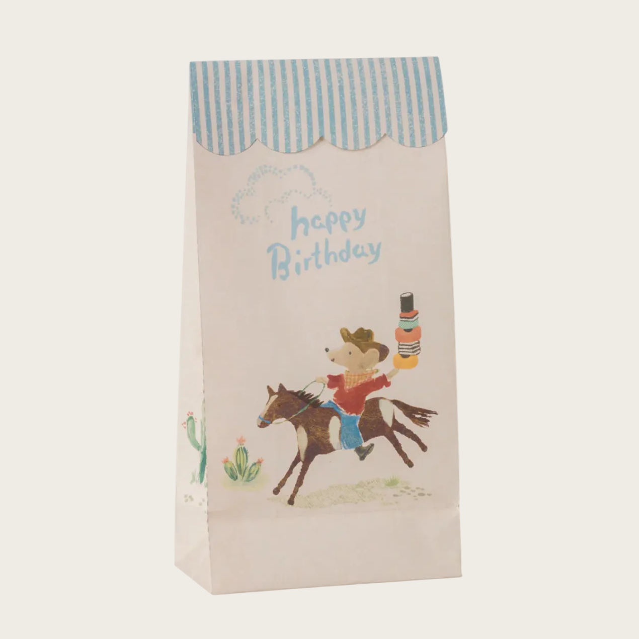 Gift bag with cowboy design and 'happy birthday' text 