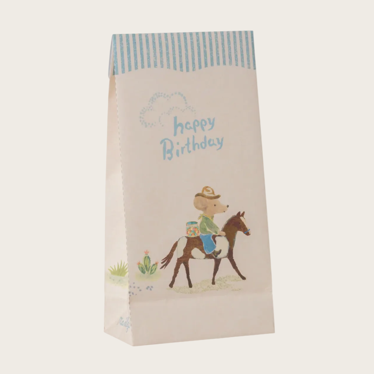 Goodie bag with cowboy design and 'Happy Birthday' text 