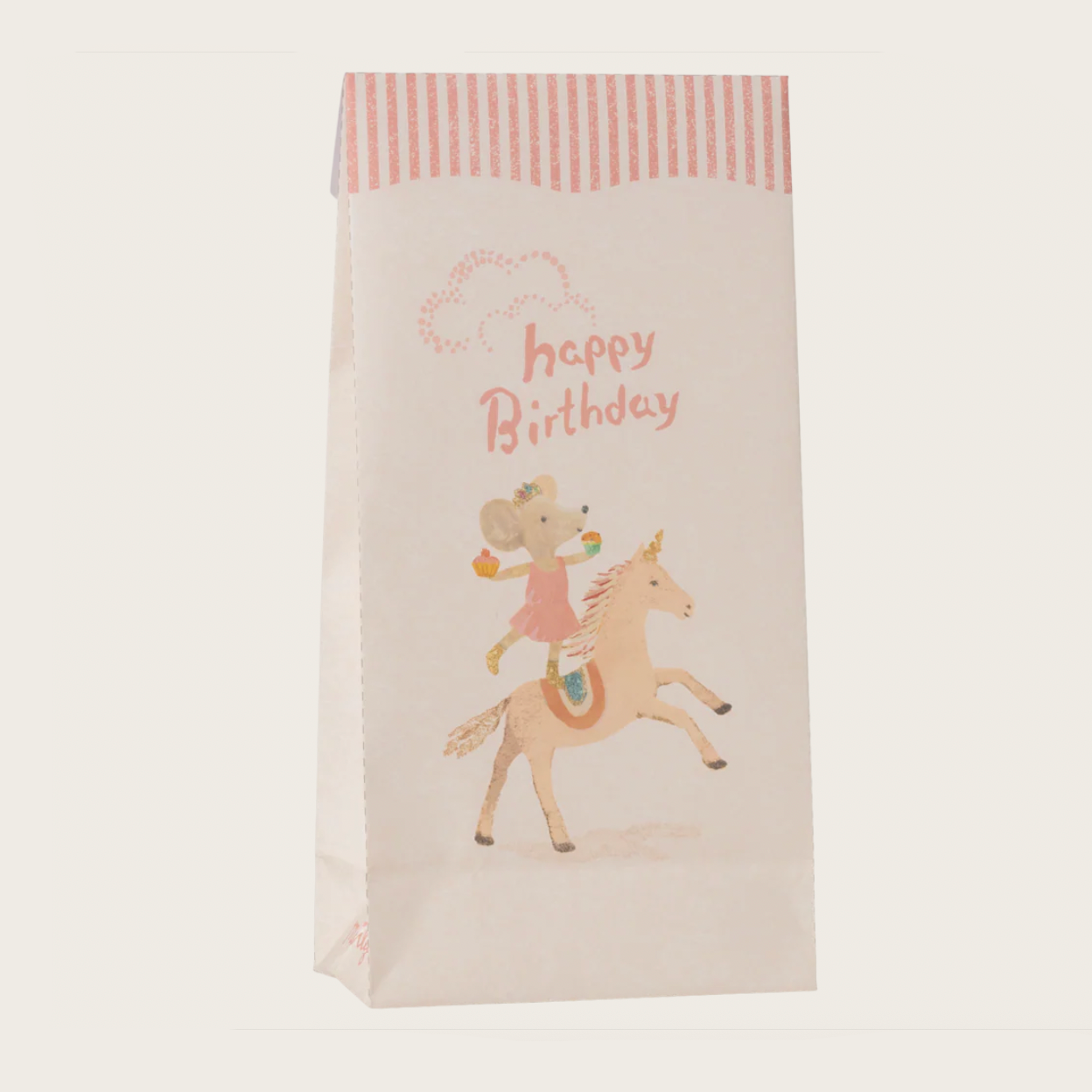 Gift bag with cartoon mouse on a horse and 'Happy Birthday' text 