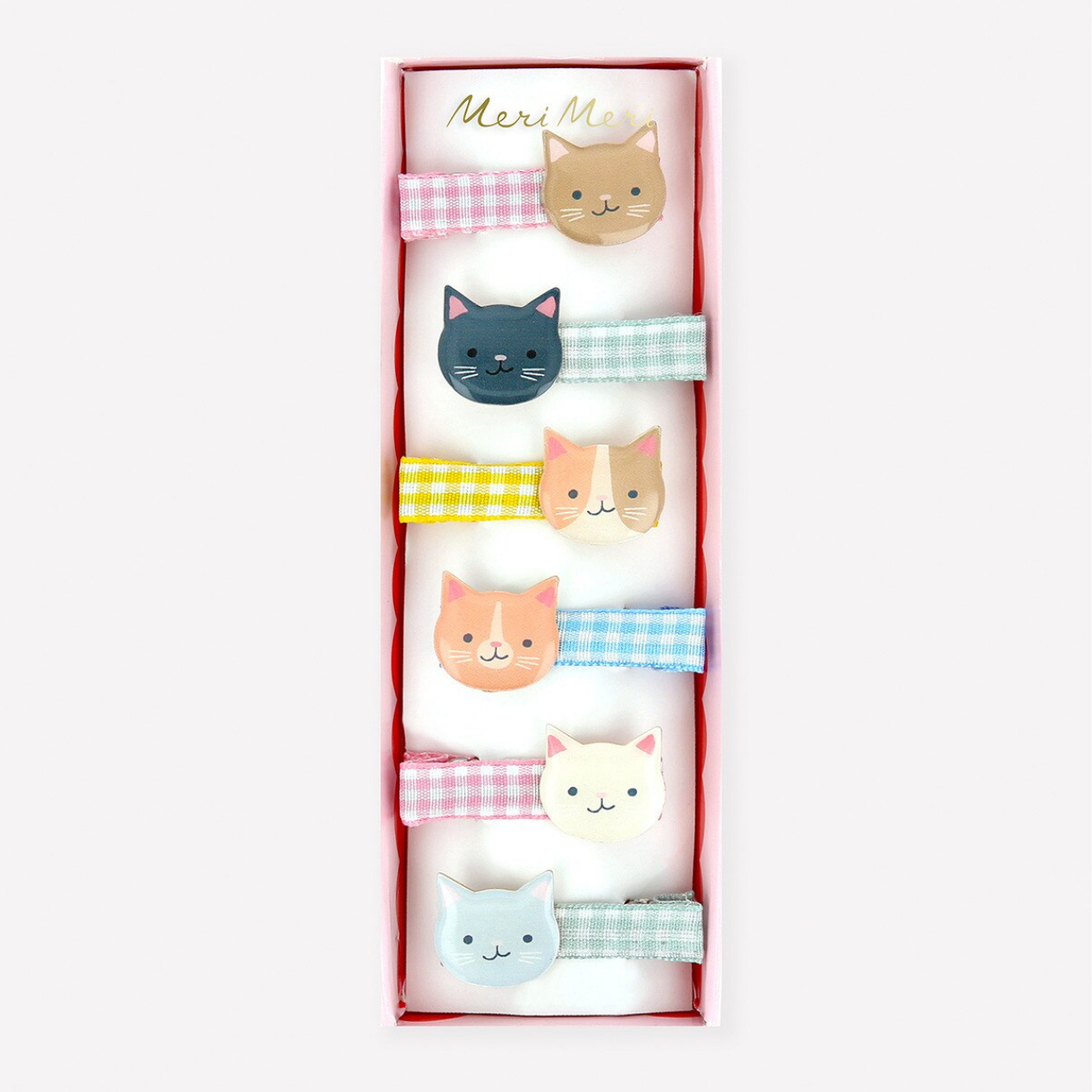 Set of cat-themed hair clips in a box with 'Meri Meri' branding.