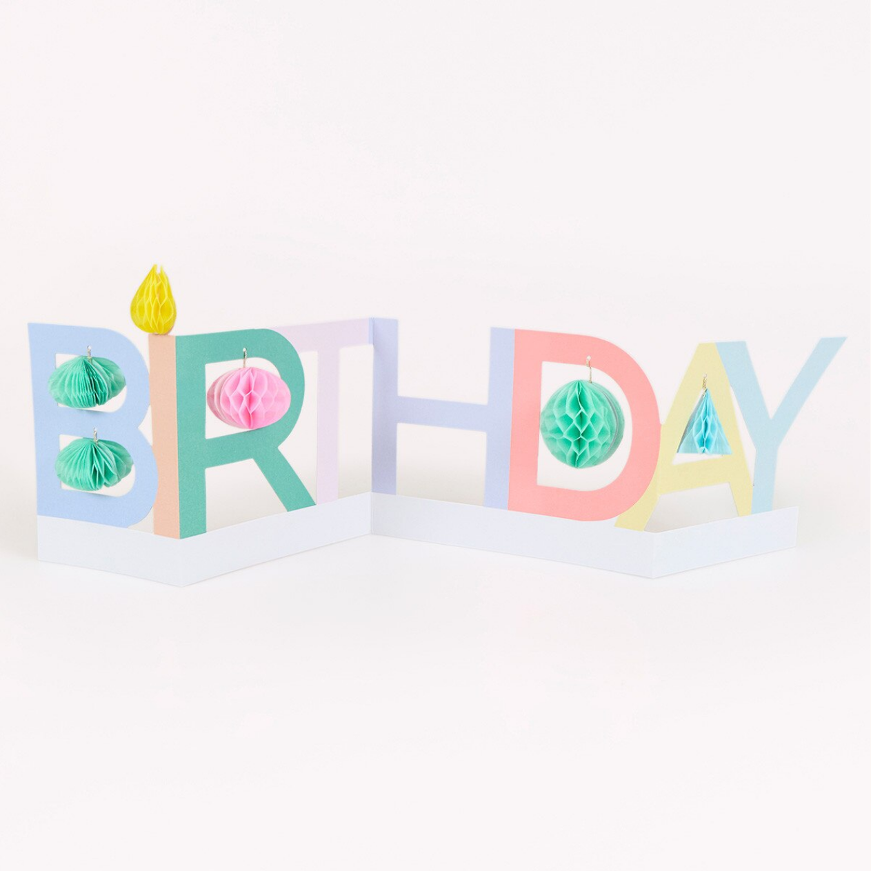 Colorful 'BIRTHDAY' card with decorative elements on a white background