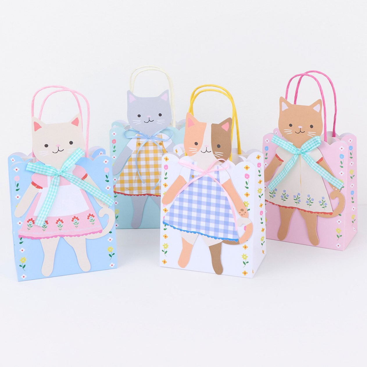 Five small boxes with cat illustrations on a white background