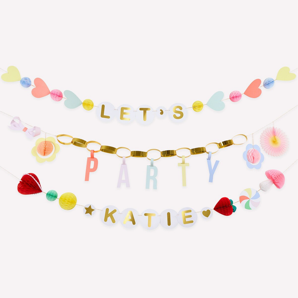 Colorful 'Let's Party Katie' banner with decorative elements on a white background