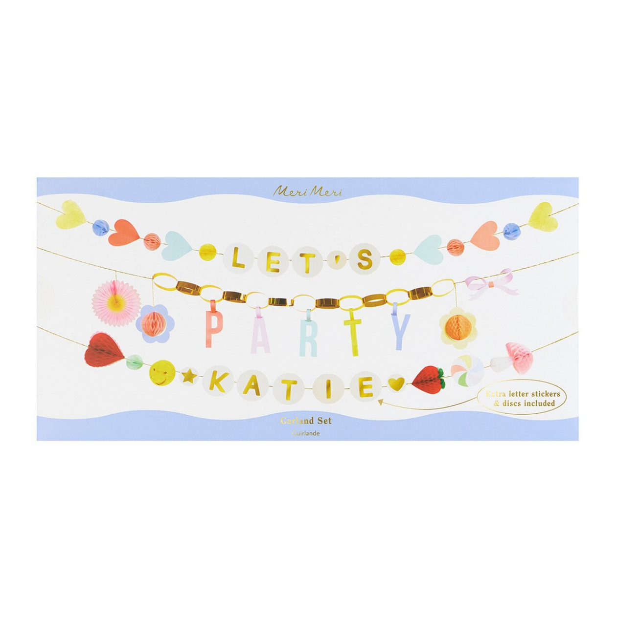 Personalized letter and emoji sticker set with 'Let's Party Katie' text on a white background.
