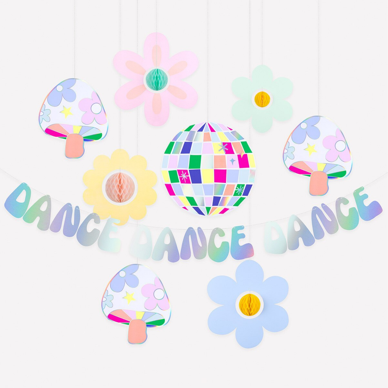 Decorative hanging items with colorful flowers, mushrooms, and a disco ball with 'Dance Dance Dance' text on a white background.