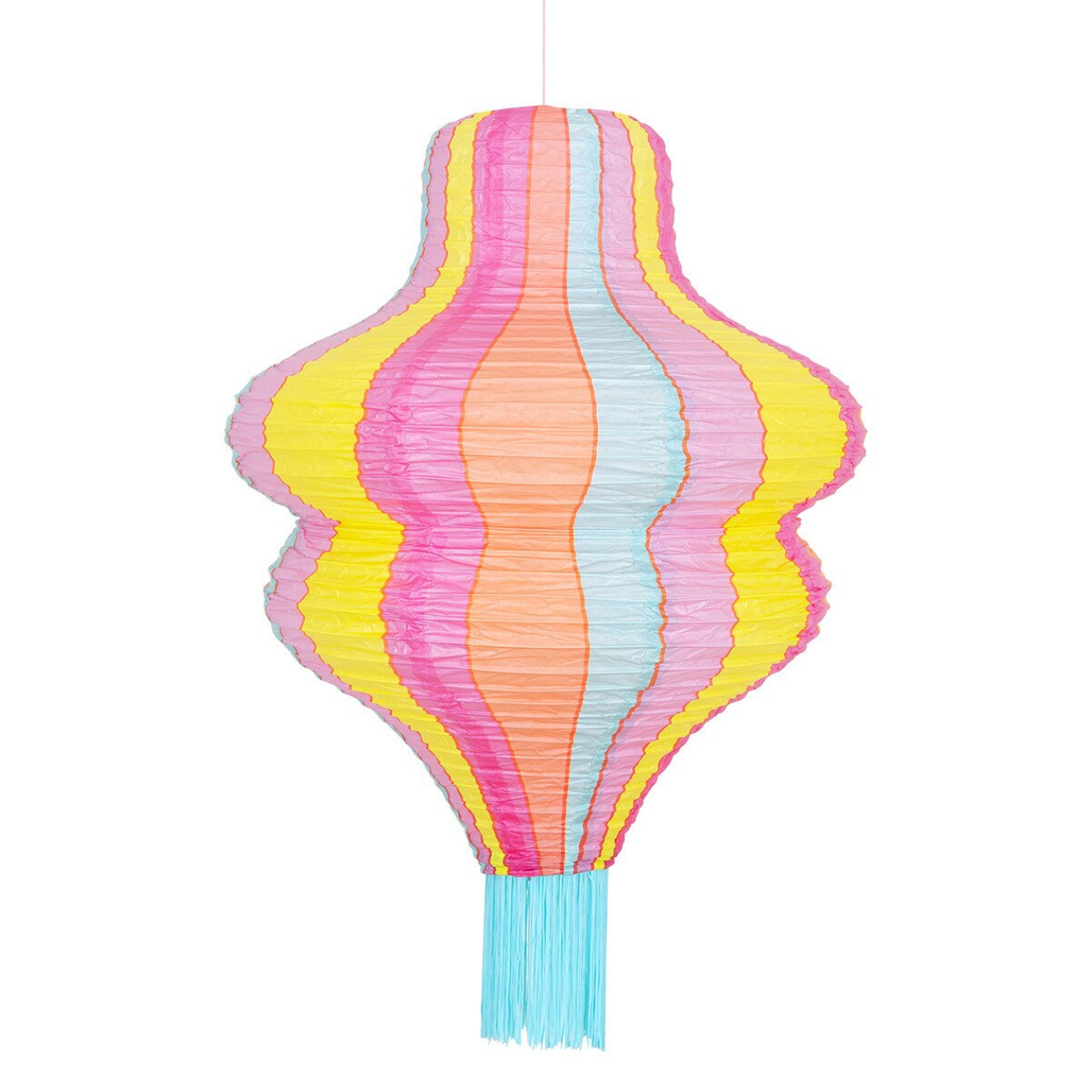 Colorful paper lantern with wavy design on a white background