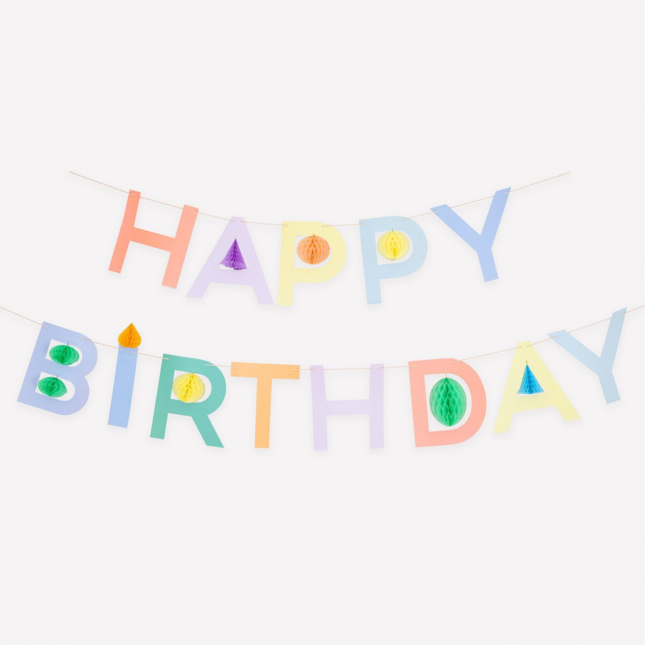 Colorful 'Happy Birthday' banner with pom-pom details on a white background