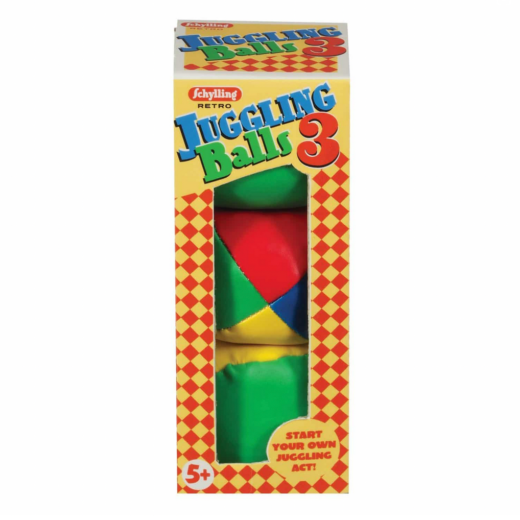 Box of 3 juggling Balls toy with colorful balls inside, on a white background