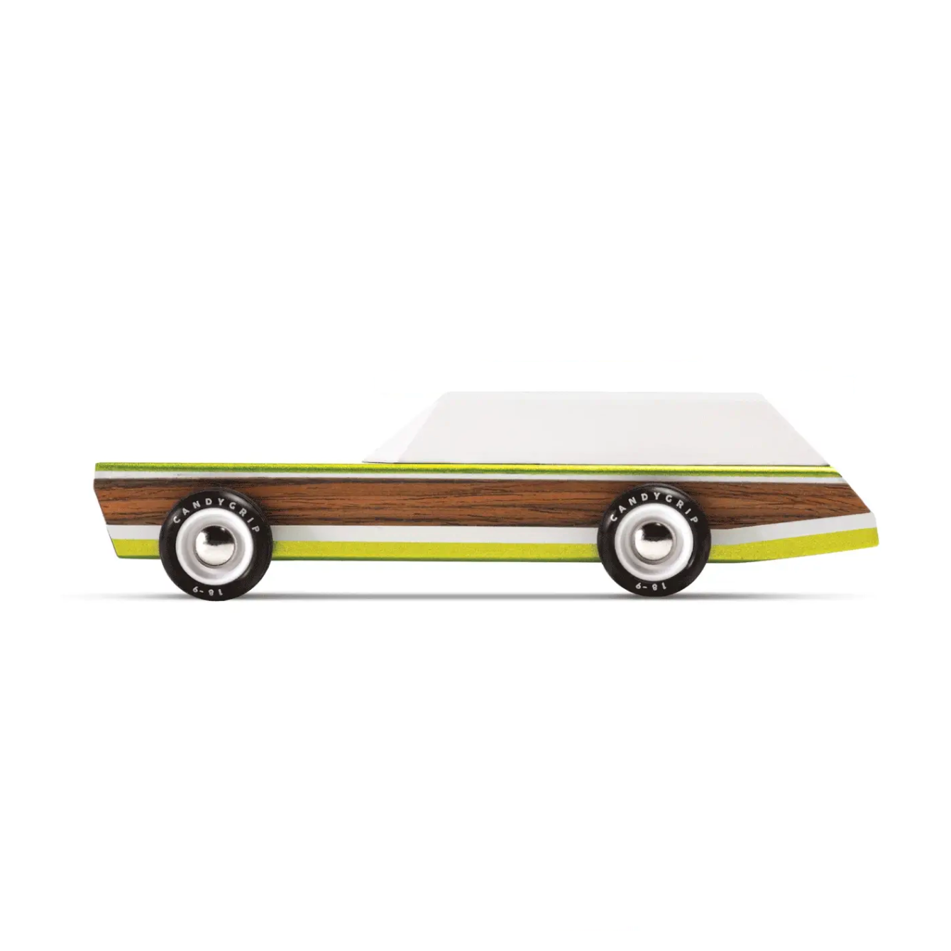 Wooden toy car with striped design 