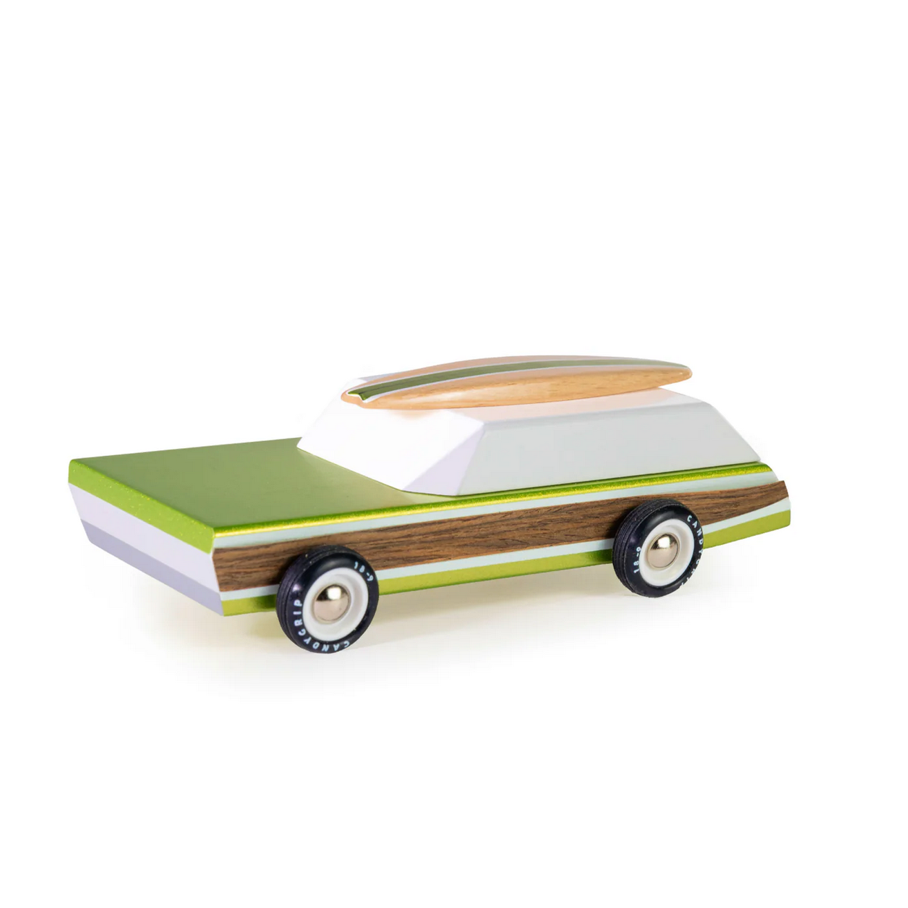 Toy car with a surfboard on top 