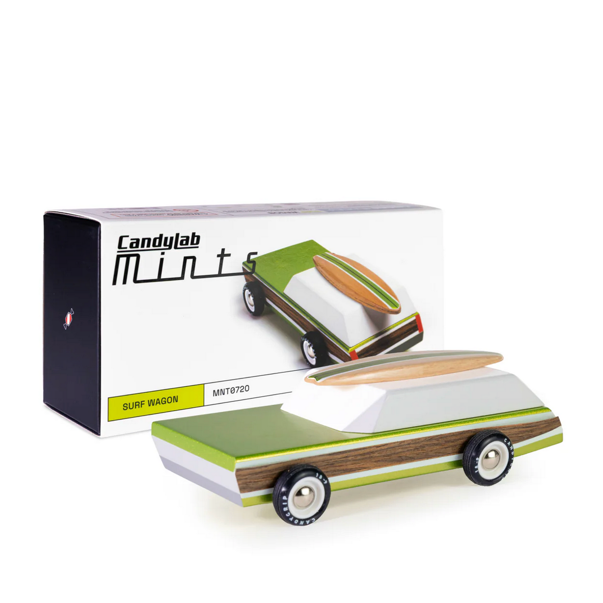 Wooden toy car and packaging displayed on a website with 'Candylab Toys' branding.