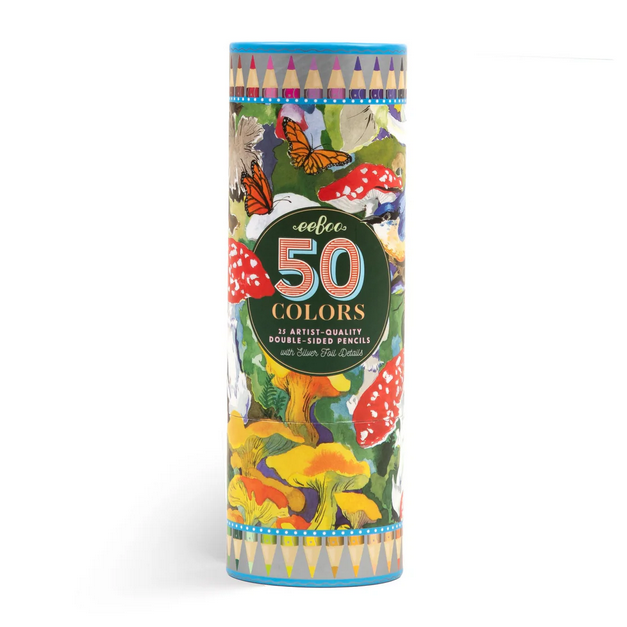 Tube of 50 colored pencils with a colorful design on a white background