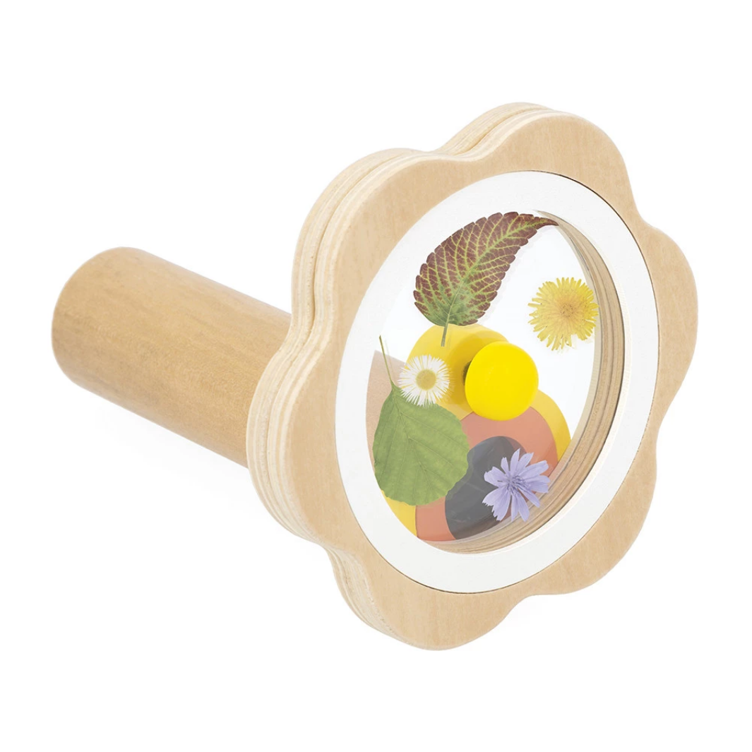 Wooden toy with a circular mirror showing colorful flowers and leaves.