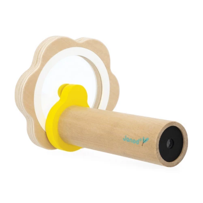 Wooden toy with yellow handle and circular mirror on a white background