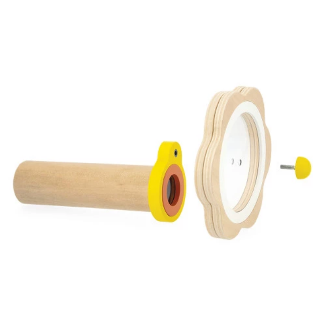 Wooden cylindrical object with yellow ends on a white background