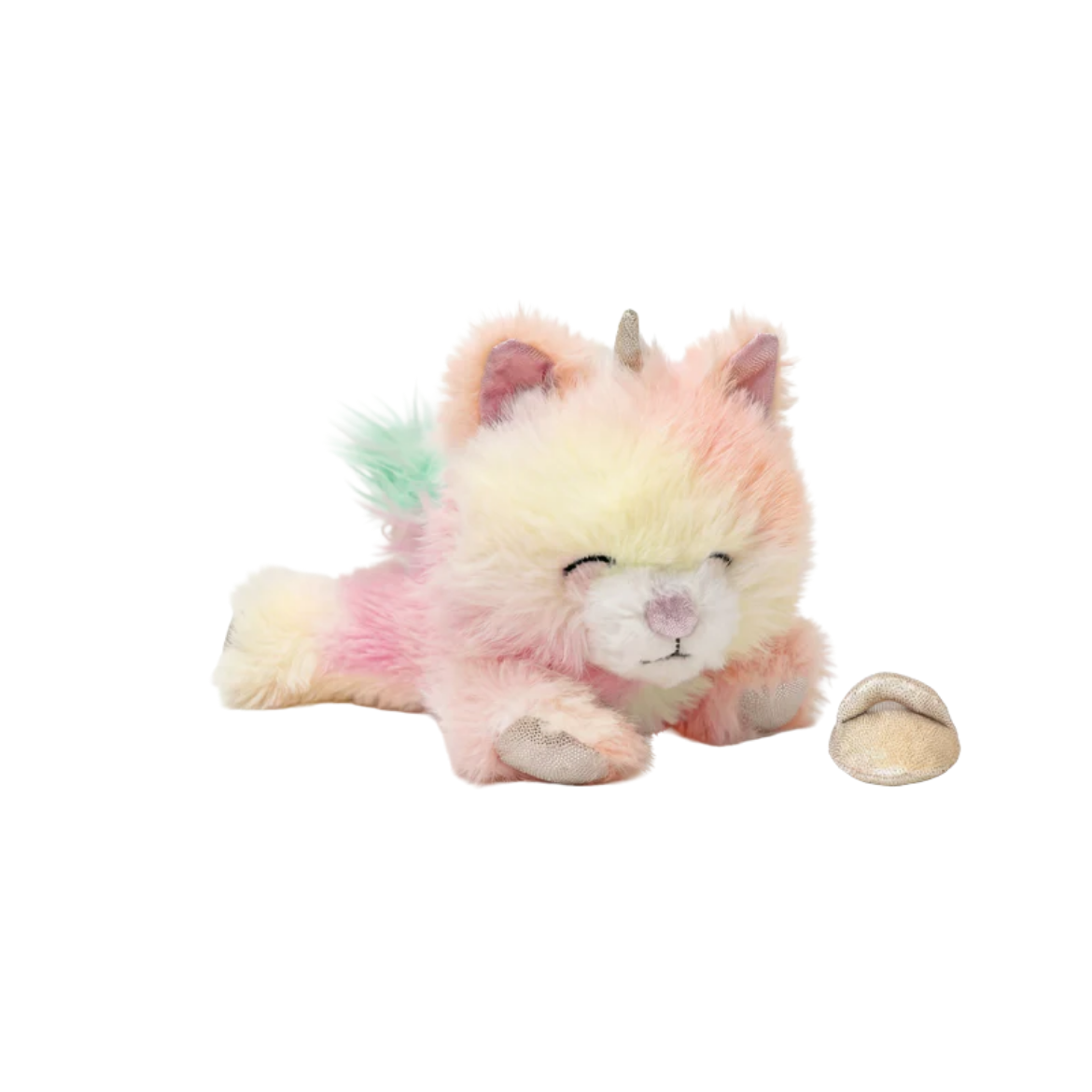 Multicolored plush toy resembling a cat with unicorn horns on a white background