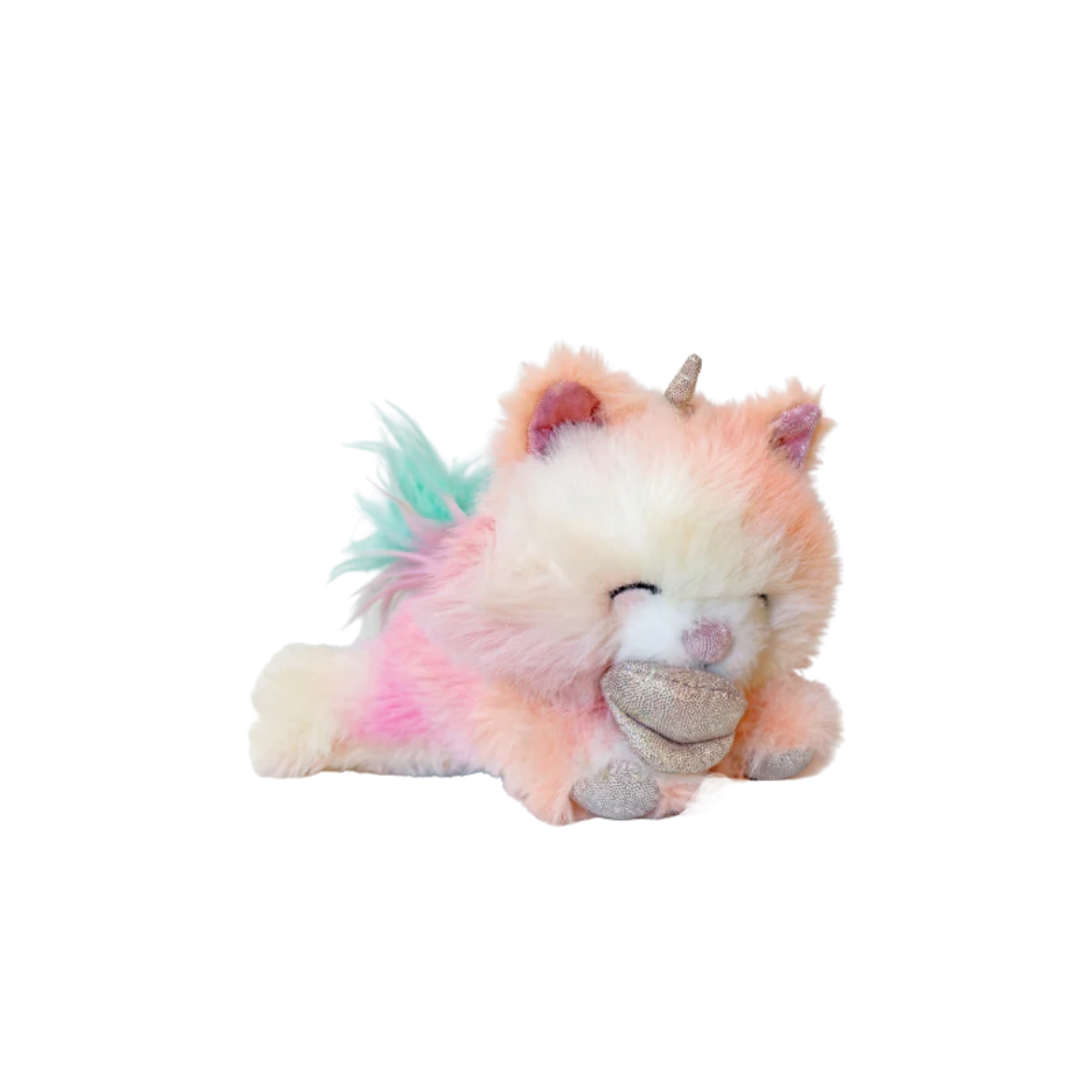 Plush toy unicorn with pastel colors on a white background