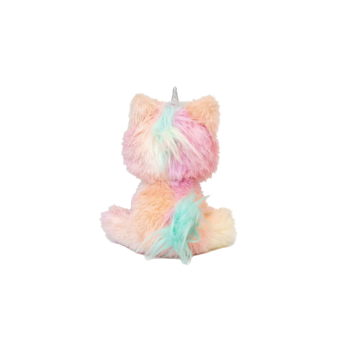 Pastel-colored plush toy with a unicorn design on a white background