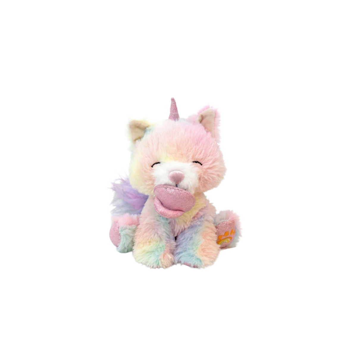 Pastel-colored unicorn plush toy on a white background