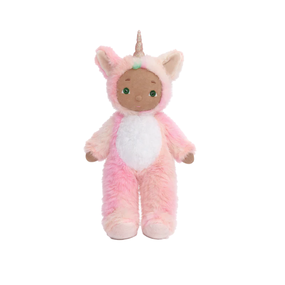 Plush toy with a pink dress and white fur on a white background