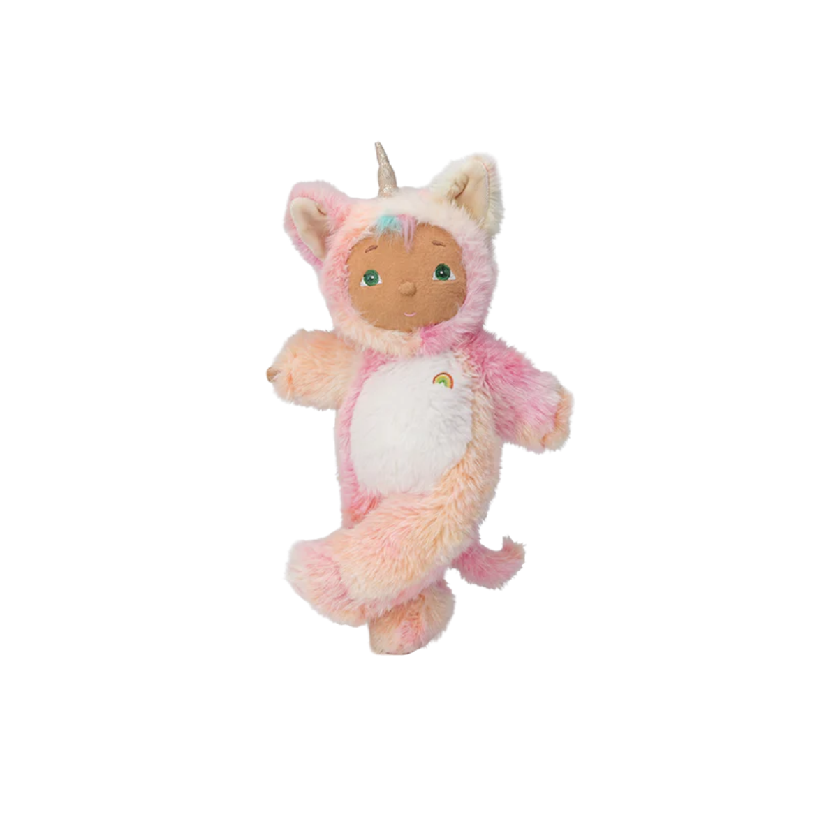 Plush toy in a pink unicorn costume on a white background