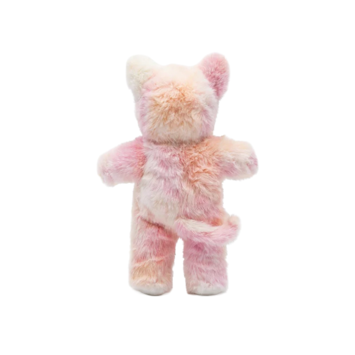 Plush teddy bear with pink and white tie-dye pattern on a white background
